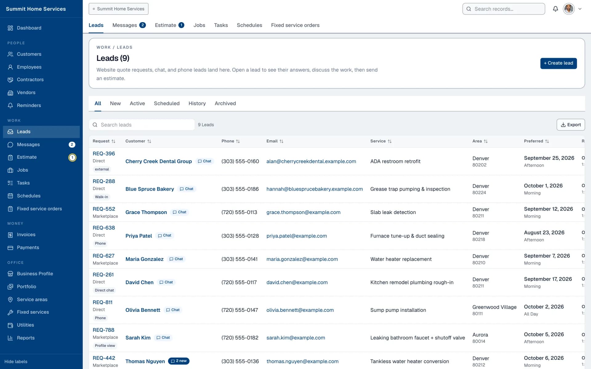 Leads board listing incoming service requests with status, service, and location
