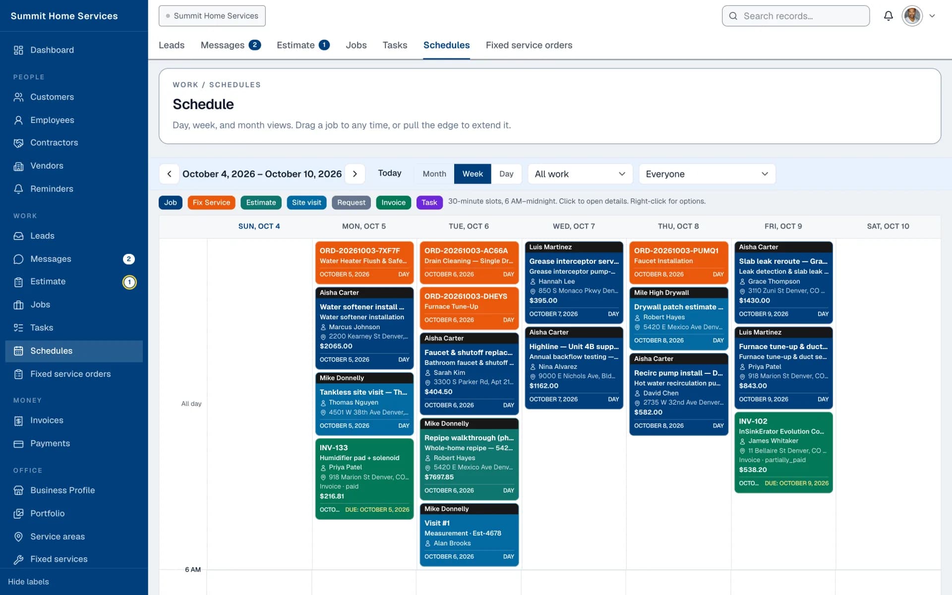 Weekly schedule calendar with color-coded jobs, estimates, and tasks